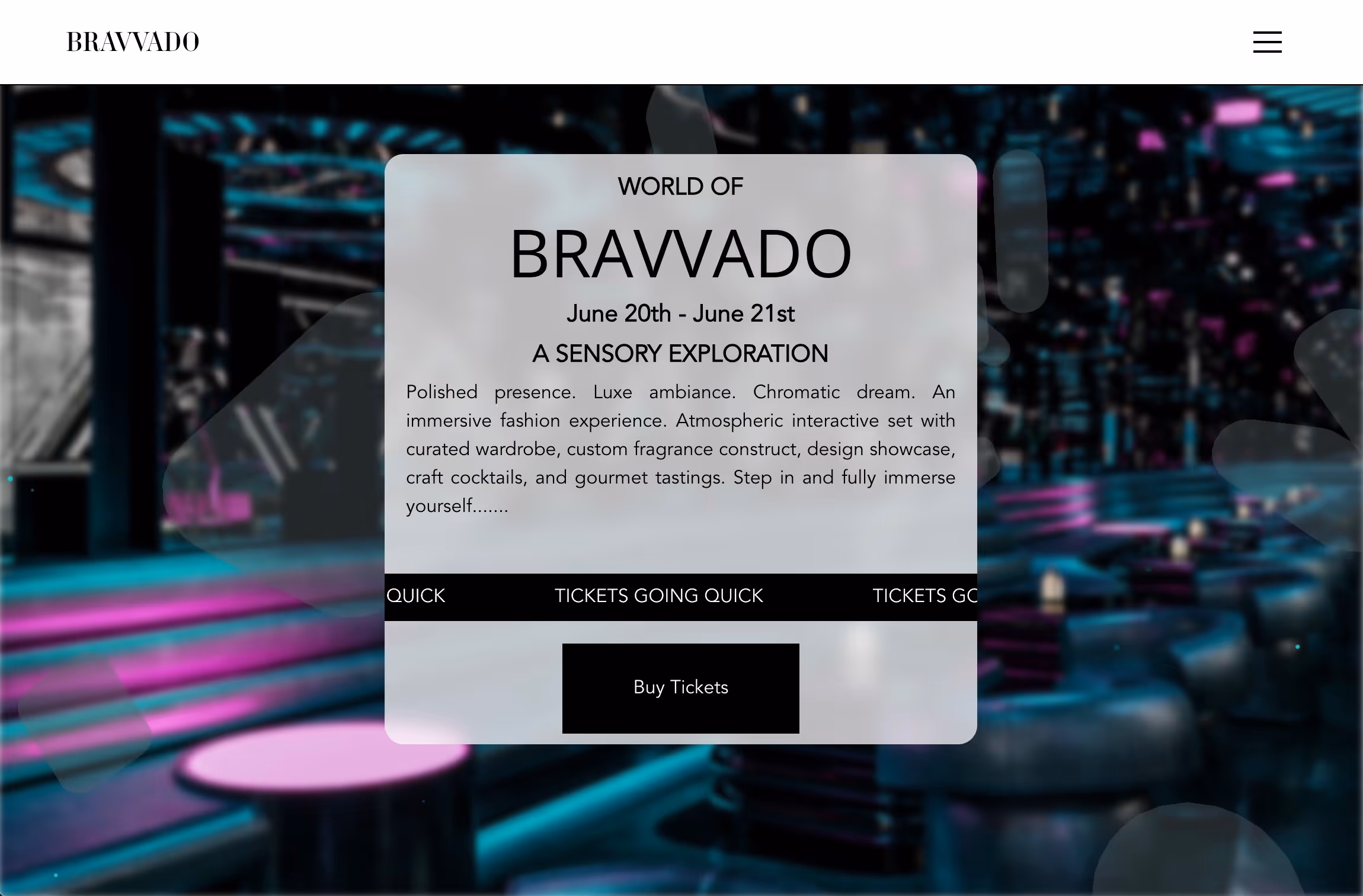 Bravvado event page with a sleek banner over a retrofuturistic background